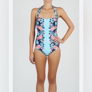 Seafolly Floral Teal and Pink Halter Swimsuit one piece size 8